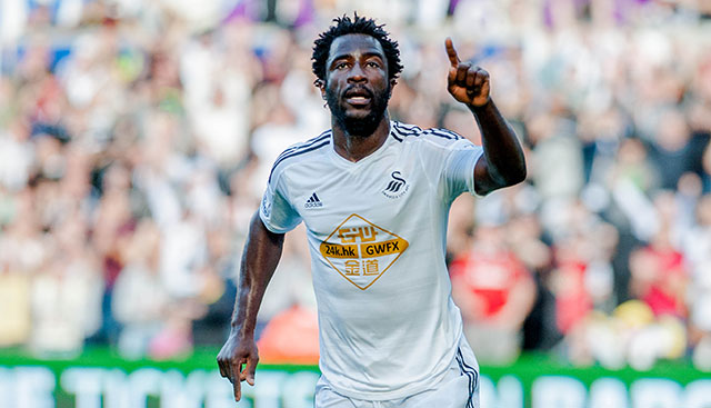 Wilfried Bony is blij. Zijn eerste doelpunt van het seizoen is een feit, maar Swansea, waar Marvin Emnes vlak voor tijd inviel, blijft uiteindelijk steken op 2-2 tegen Newcastle United.