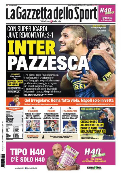 De cover van La Gazzetta dello Sport spreekt boekdelen: &#039;&#039;Het gekke Inter knokt zich met Super Icardi terug tegen Juve&#039;.