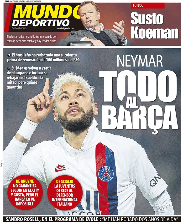 De cover van Mundo Deportivo: Neymar doet alles voor een terugkeer naar Barça.