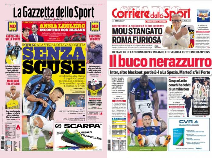 &#039;Geen excuses&#039;, kopt La Gazzetta dello Sport zaterdag over de crisis bij Inter. De Corriere dello Sport spreekt van een black-out.