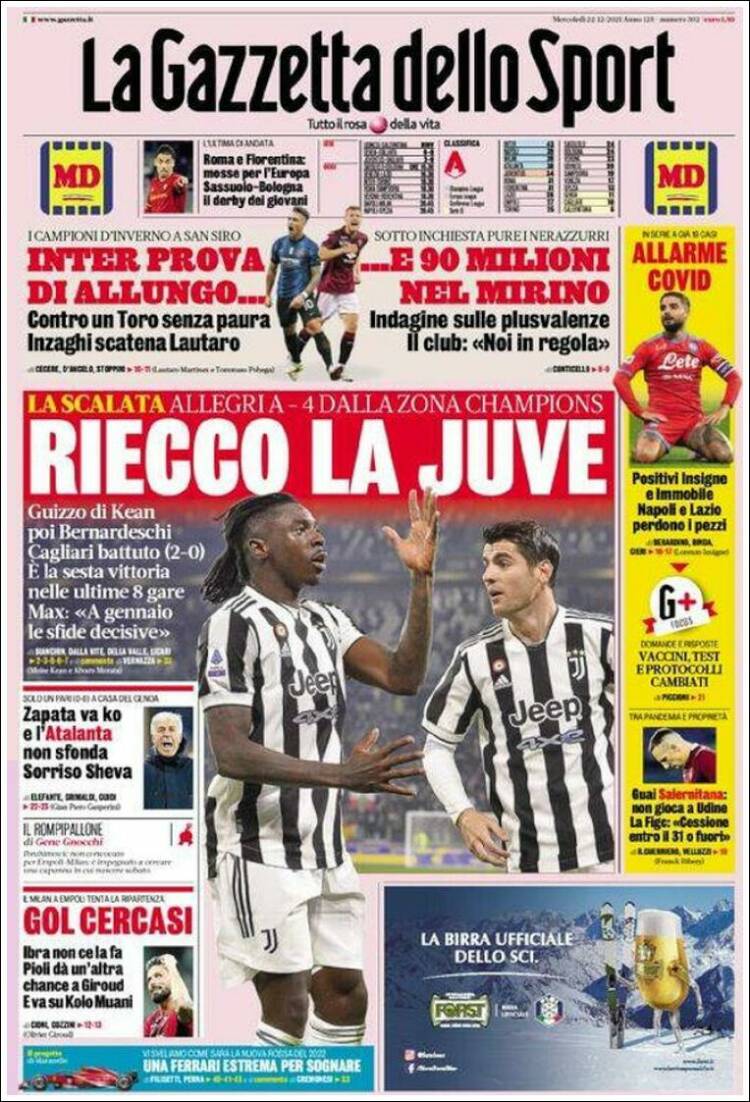 &#039;Juve is terug&#039; kopt La Gazzetta dello Sport, verwijzend naar de huidige vorm van Juventus.