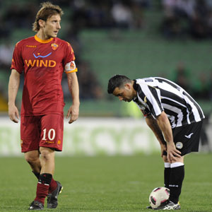 De generatiegenoten Francesco Totti (links) en Antonio Di Natale (rechts) zijn van alle nog actieve spelers het meest trefzeker in de historie van de Italiaanse Serie A.