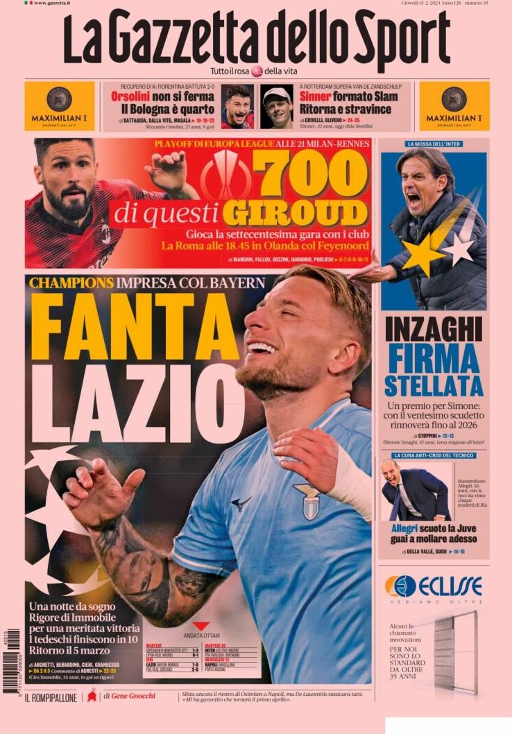 De cover van de Gazzetta dello Sport van donderdag, met Lazio in de hoofdrol. De krant spreekt zelfs van &#039;fantasie Lazio&#039;, doelend op de onverwachtse overwinning. 