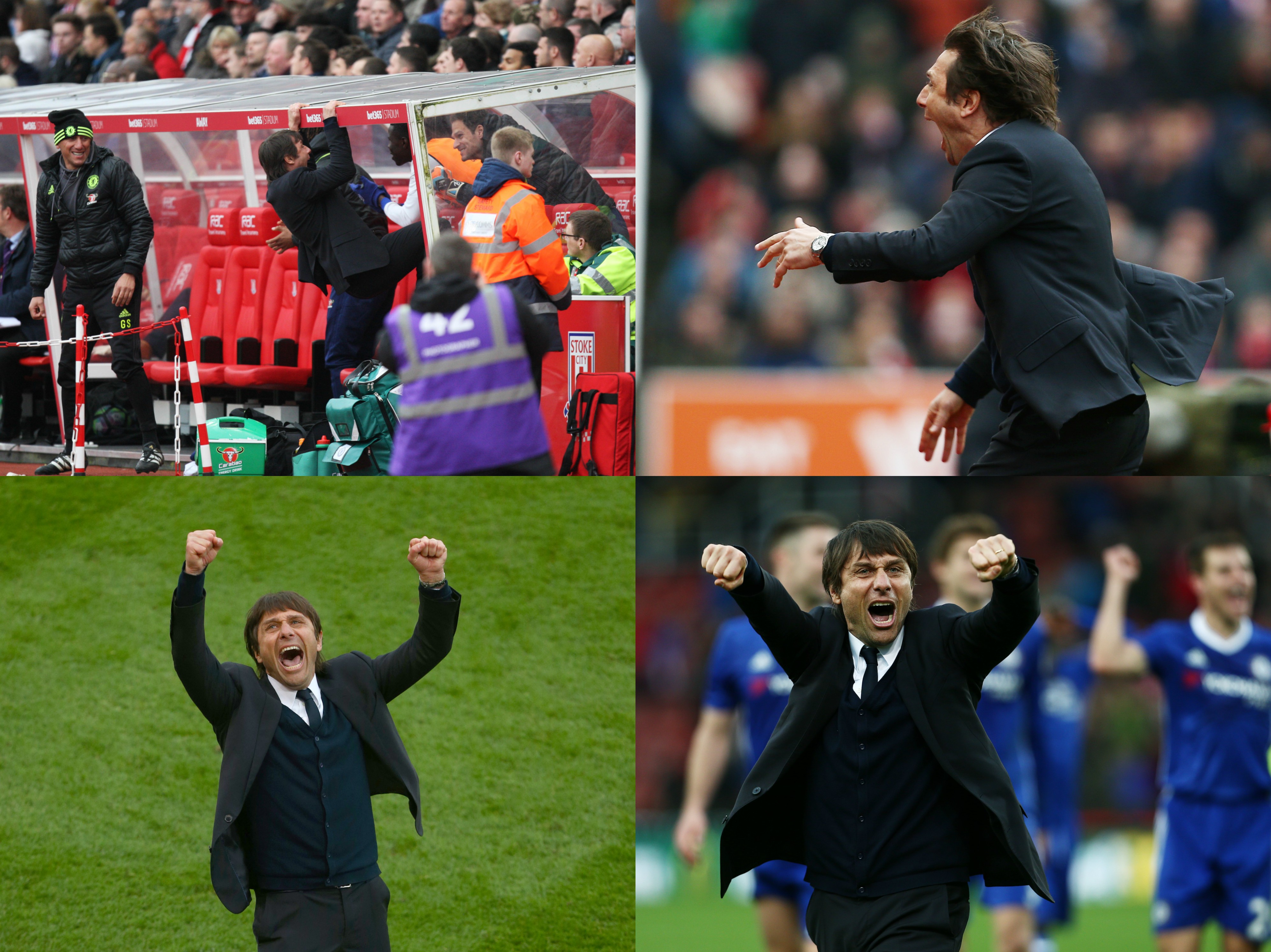 Antonio Conte viert de overwinning op Stoke City.