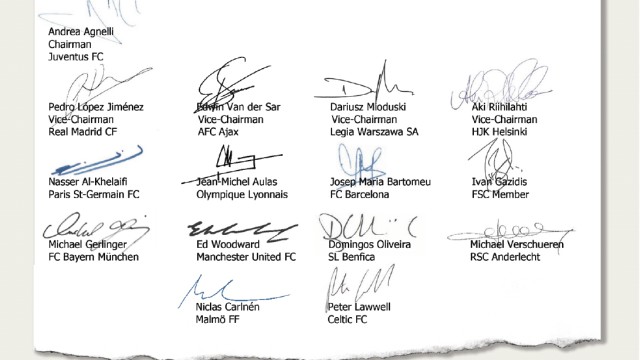 De handtekeningen van de clubbestuurders onder de brief van de ECA.