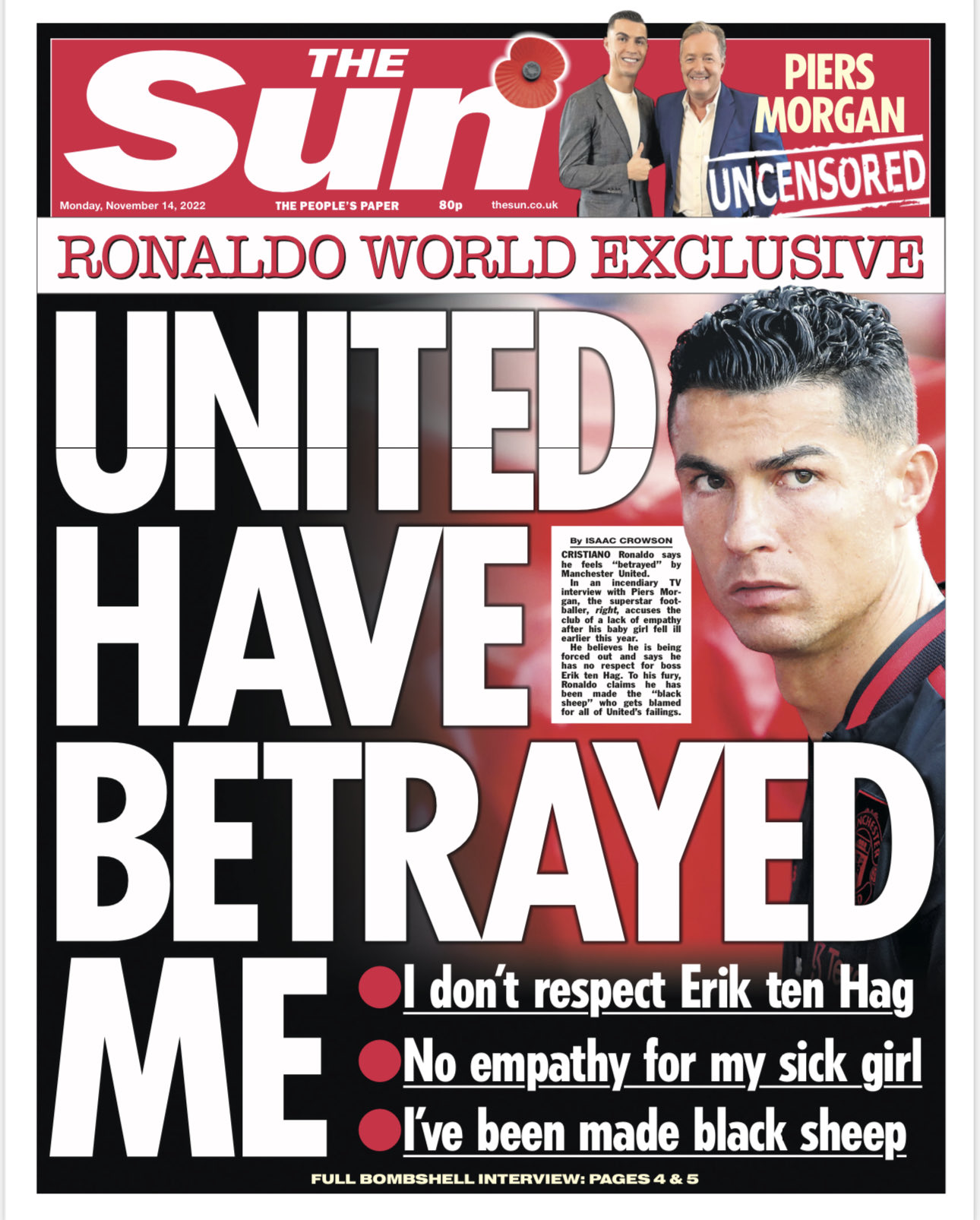 De cover van The Sun: &#039;United heeft mij verraden.&#039; 