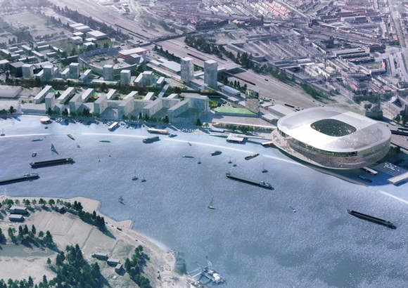 Het concept-model van Feyenoord City aan de Nieuwe Maas. Bron: Feyenoord.nl