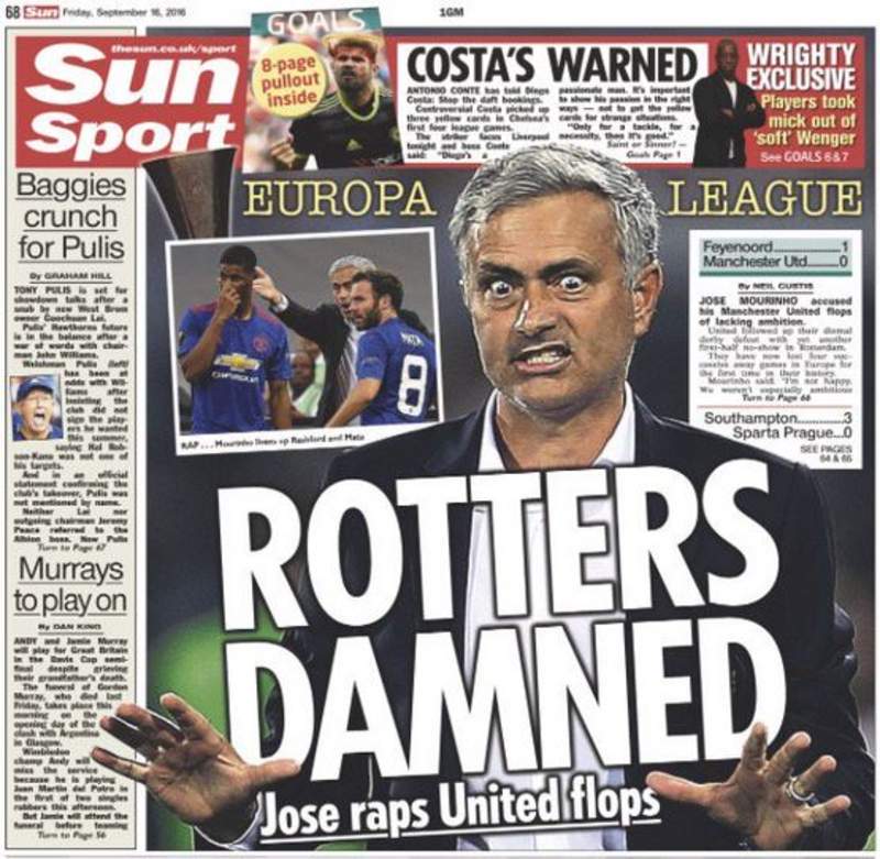 Engelse tabloids zijn kritisch op het optreden van Manchester United.