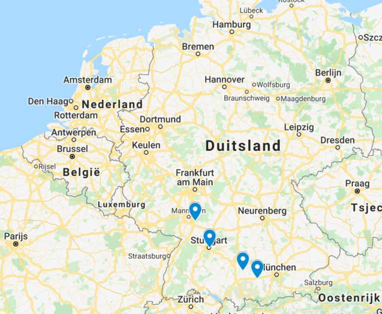 De geboorteplaatsen van de vier genoemde trainers op de kaart van Duitsland. 