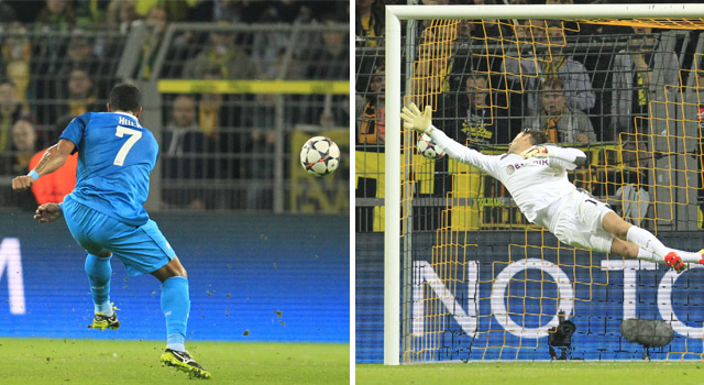 Het schitterende doelpunt van Hulk in twee momenten gevat: links de uithaal van Hulk, rechts de vergeefse poging van Weidenfeller de bal uit het doel te ranselen.