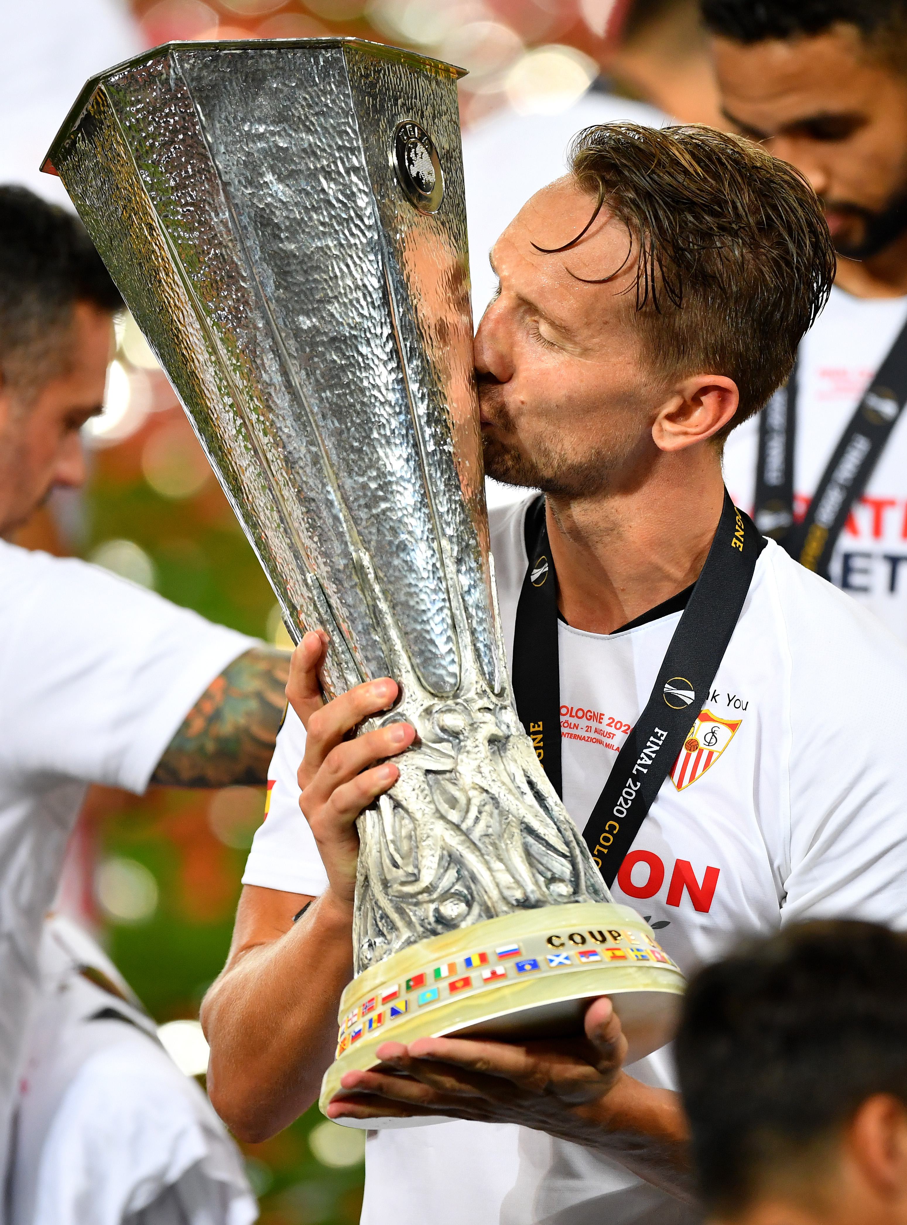 Luuk de Jong in augustus 2020 na de winst van de Europa League-finale met Sevilla FC.