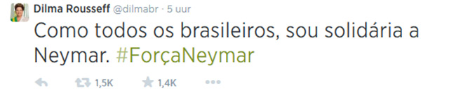 Steun voor Neymar van president Dilma Rousseef. &#039;Zoals elke Braziliaan leef ik mee met Neymar. Laten we ons allemaal achter de Seleçao scharen.&#039; 