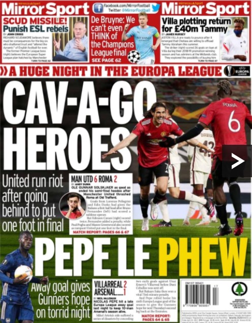 Edinson Cavani siert de achterpagina van The Daily Mirror.