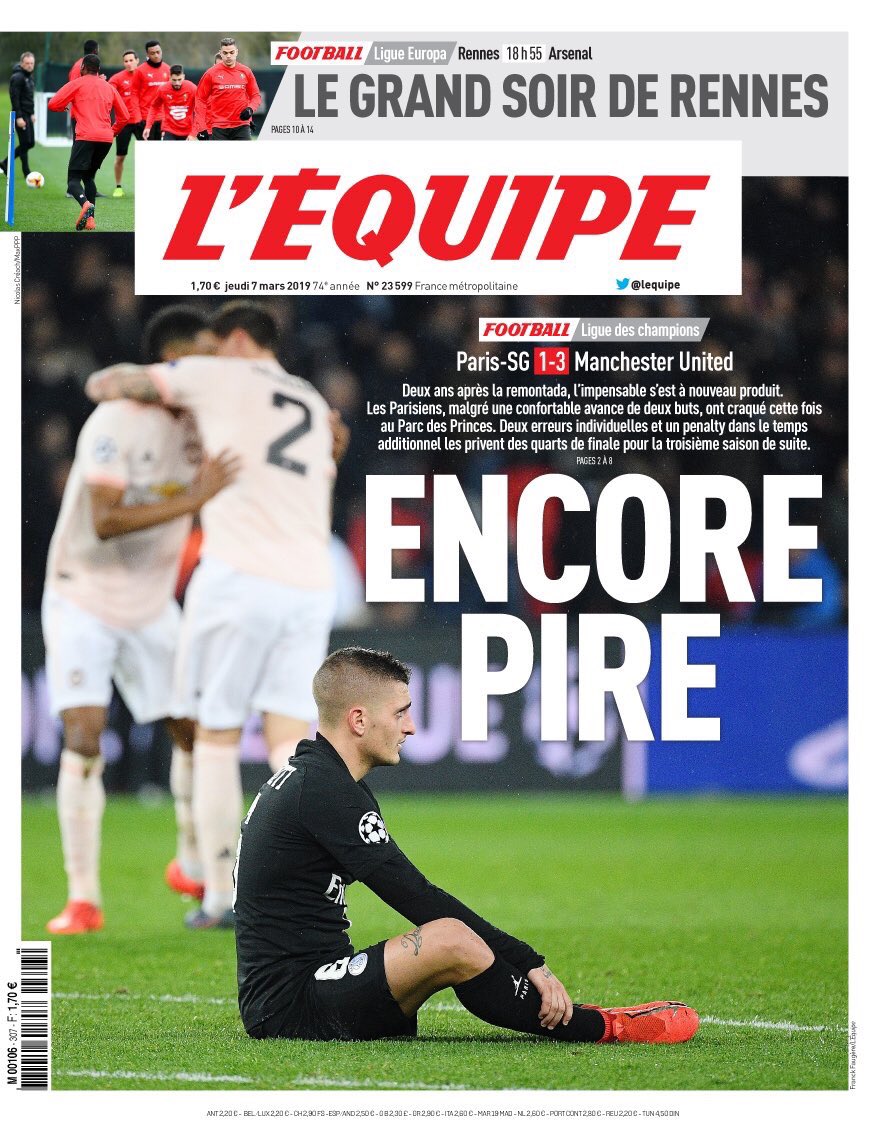 De voorpagina van de Franse sportkrant L&#039;Équipe op donderdag.