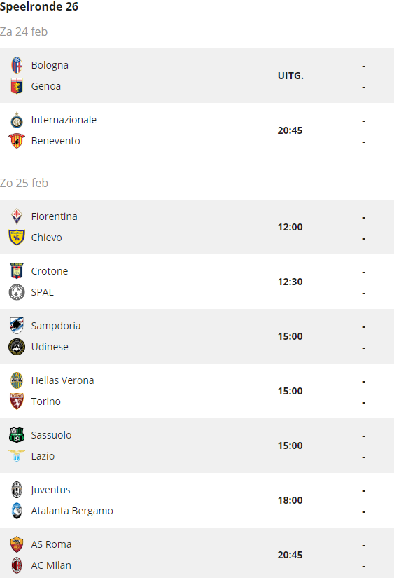 Het programma in de 26ste speelronde van de Serie A.