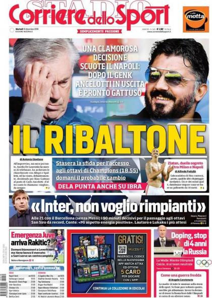 De veelzeggende cover van Corriere dello Sport: &#039;De ommekeer. Sensationele beslissing schokt Napoli: na Genk gaat Ancelotti weg en komt Gattuso.&#039; 