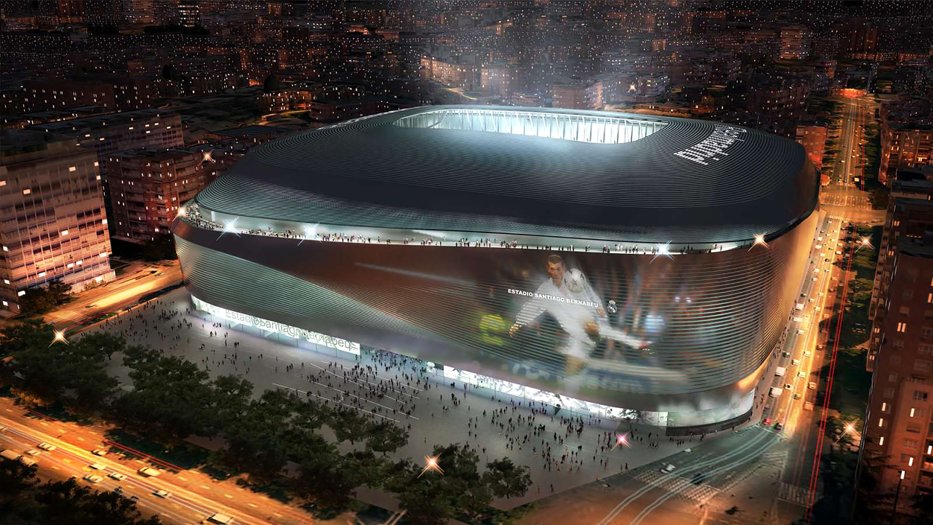 Een impressie van het Estádio Santiago Bernabéu in Madrid na de verbouwing, die inmiddels is begonnen en lang zo duur niet is als het op 444 miljoen euro geraamde Feyenoord City.