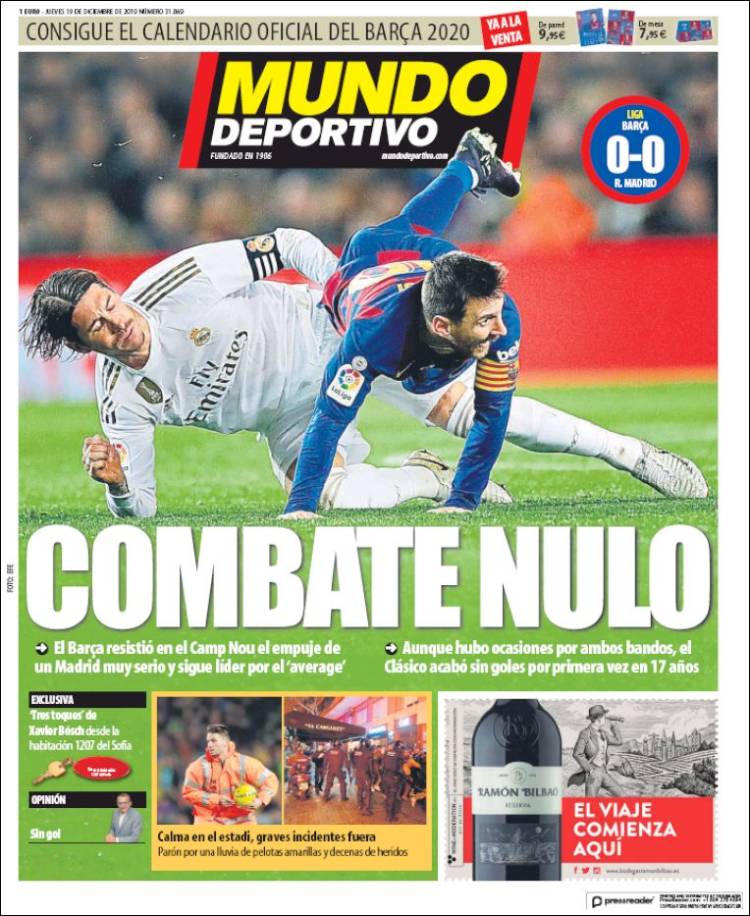 &#039;Combate nulo&#039;, &#039;gevecht zonder doelpunten&#039;. Barcelona weerstond in Camp Nou de kracht van een zeer sterk Madrid en blijft koploper, schrijft de krant.