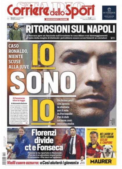 De cover van Corriere dello Sport: &#039;Ik ben ik. Zaak Ronaldo: geen excuses aan Juve&#039;