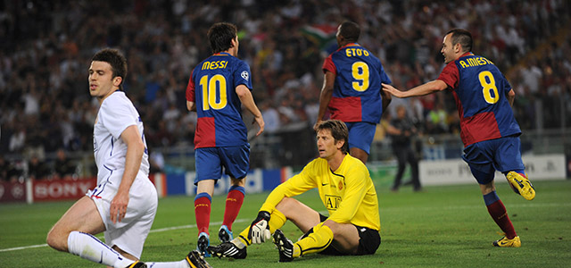 Edwin van der Sar greep met Manchester United in 2008/09 pas in de finale tegen Barcelona naast prolongatie van de Champions League.