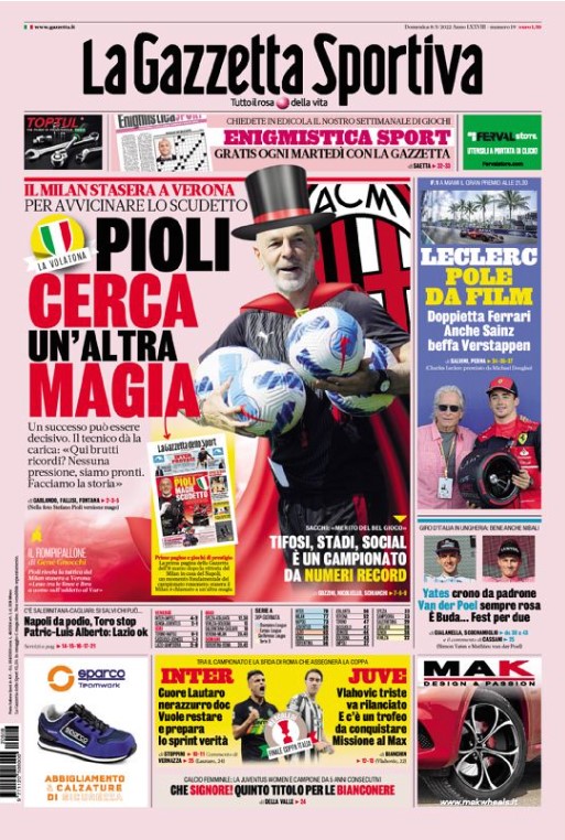 De fraaie cover van La Gazzetta dello Sport met tovenaar Stefano Pioli op de cover.