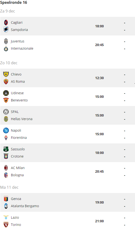 Het programmaboekje voor de zestiende speeldag van de Serie A.