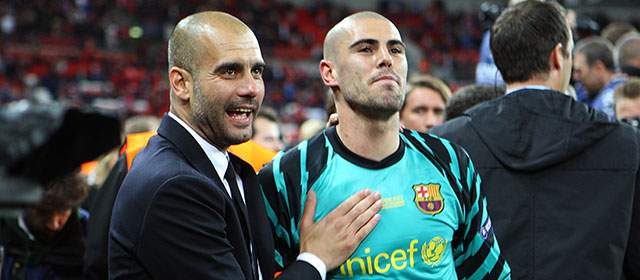 Pep Guardiola en Victor Valdés in hun periode bij Barcelona.