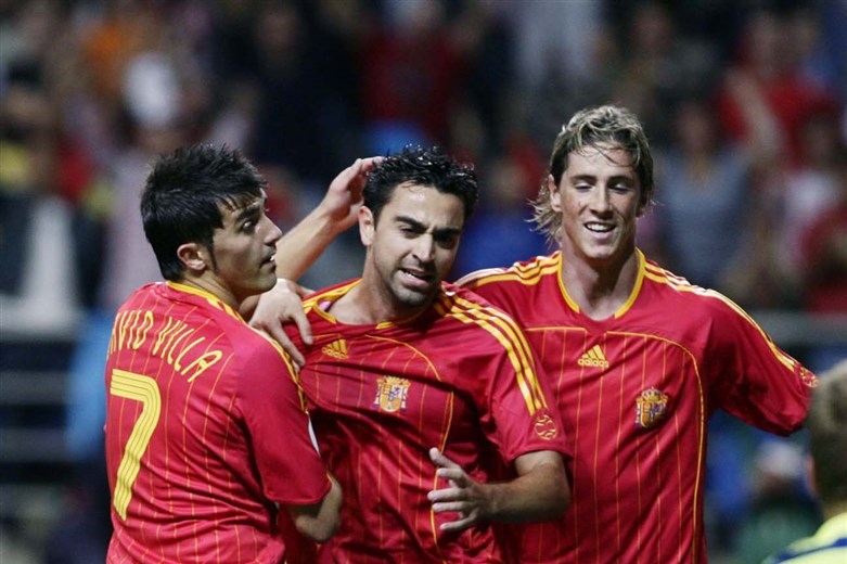David Villa met Xavi en Fernando Torres in 2007. Op dat moment moet de Spaanse succesperiode nog aanbreken. 
