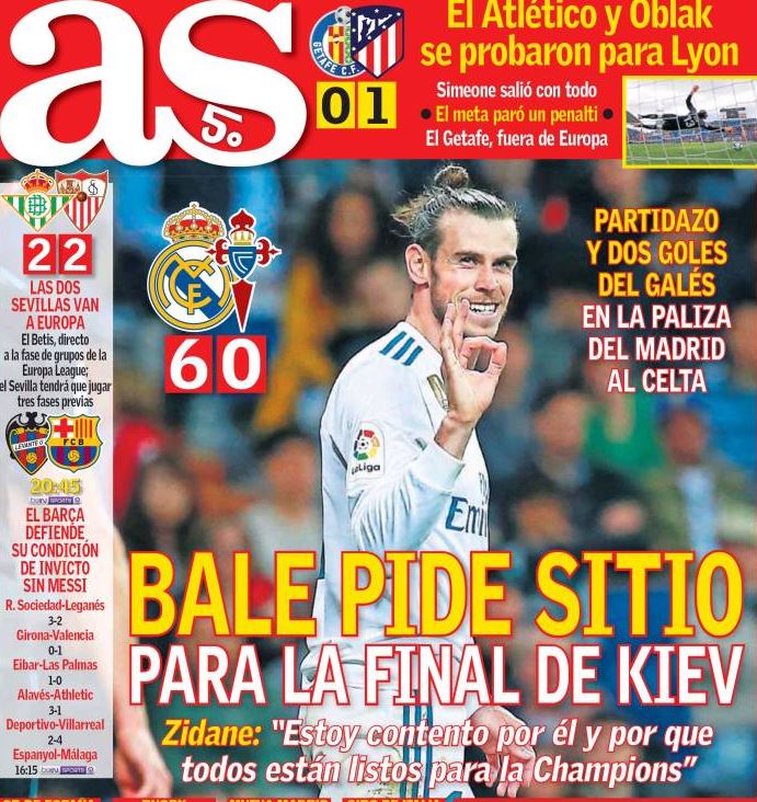 Gareth Bale siert zondag de voorpagina van onder meer dagblad AS.