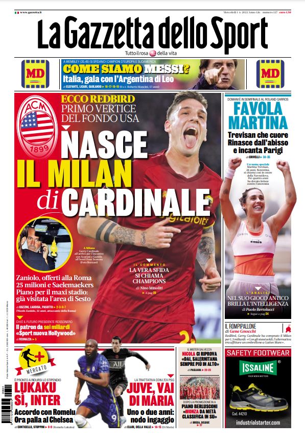De voorpagina van La Gazzetta dello Sport, dat stelt dat Lukaku zijn ja-woord aan Inter heeft gegeven.