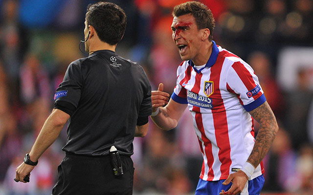 Zevende keer: Atlético – Real (14 april 2015, Champions League). Het heenduel in de kwartfinale van de Champions League. Het ging er fel aan toe, zoals te zien is aan het hoofd van Mario Mandzukic.