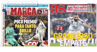 De covers van de Madrileense kranten, die lyrisch zijn over het optreden van Real Madrid.