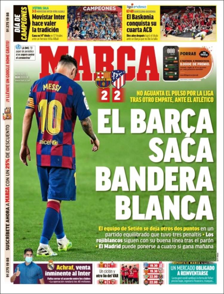 De cover van Marca: &#039;Barcelona zwaait met de witte vlag&#039;