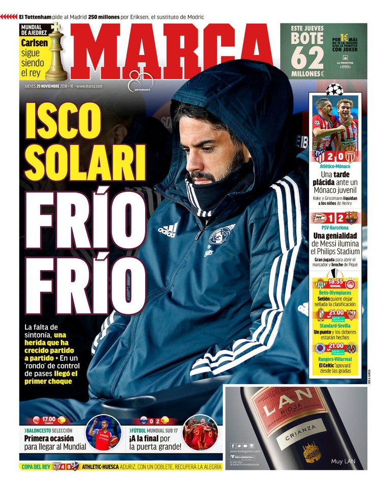 Op de voorpagina van de Madrileense krant Marca van afgelopen maand aandacht voor de &#039;bekoelde&#039; relatie tussen Isco en Solari.
