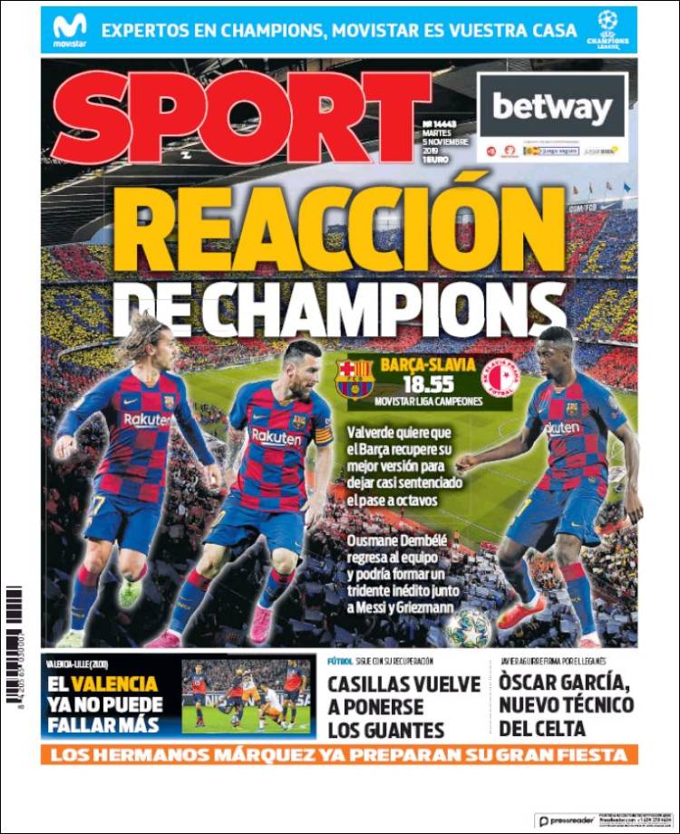 De cover van Sport: Barcelona moet met een reactie komen, met Griezmann, Messi en Dembélé als ongebruikelijke tridente.